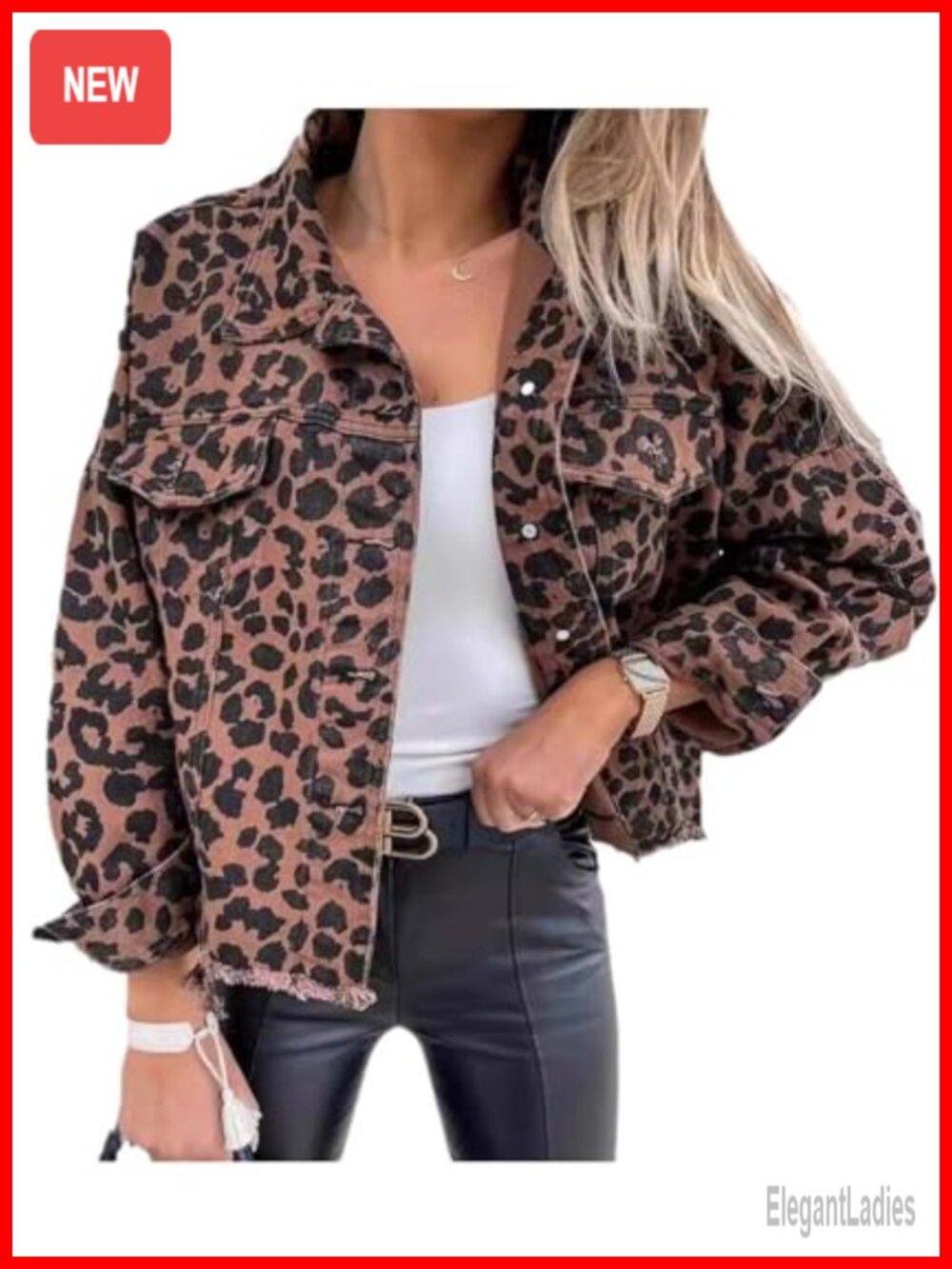 Leopard Print Denim Jacket Long Sleeve Frayed Hem